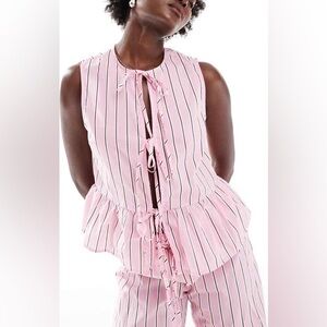 ASOS DESIGN cotton poplin tie front vest in pink stripe